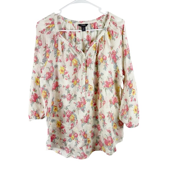 Chaps Cream 3/4 Sleeve Lighweight Boho Relaxed Buttoned Floral Pullover Blouse - Picture 3 of 9